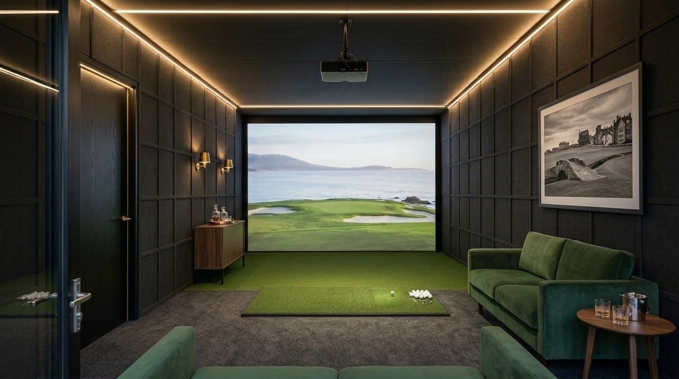 Suite innan frá: anddyri og setustofa við glerið, baðið í horninu, golfrýmið og tjaldið innst
