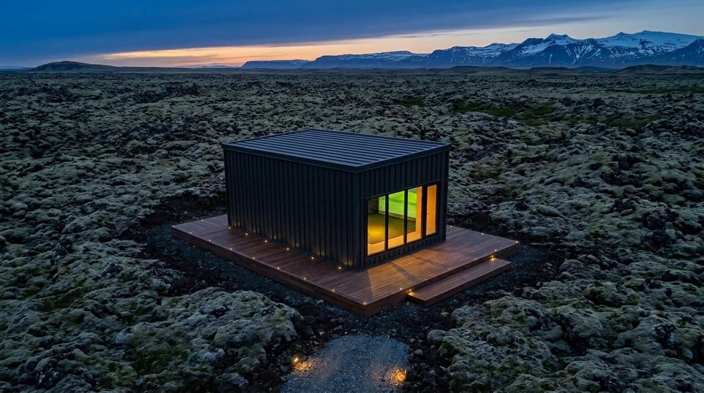 Loftmynd af golfhermishúsinu og pallinum í hrauni
