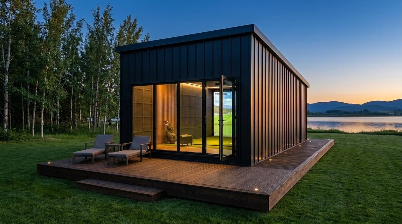 Golfhermishús Hermisgutta á palli í rökkri, hurðin opin, höggtjaldið innst